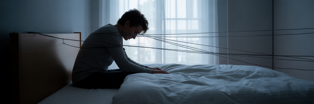 Person sitzt müde auf dem Bett.