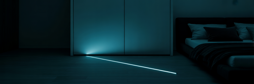 Dunkles Schlafzimmer mit Lichtspalt unter der Tür.