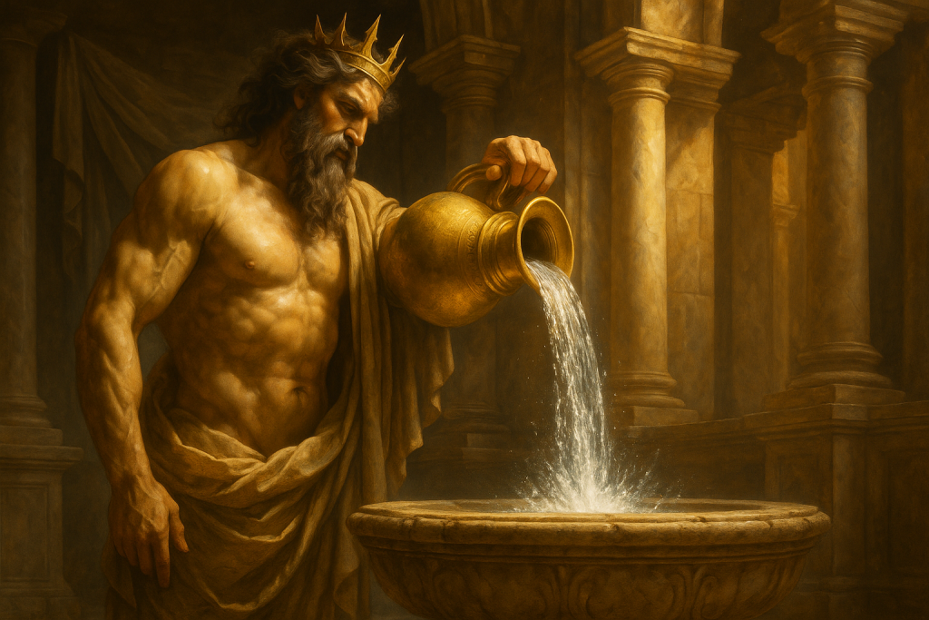 Griechischer Gott gießt Wasser aus einer goldenen Amphore in ein Marmorbecken, Sinnbild für Nierenfunktion und Filtration