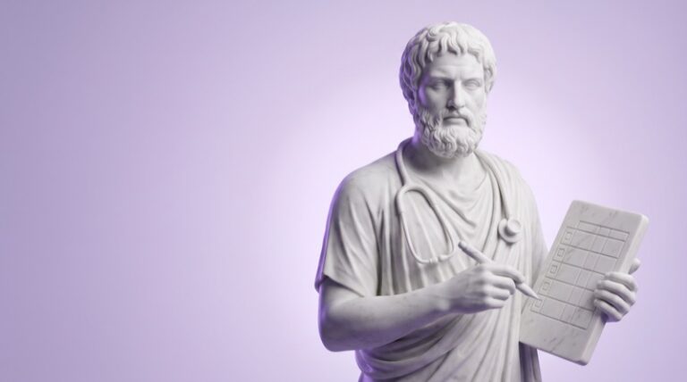 Marmorstatue eines Arztes mit Stethoskop, der auf eine Checkliste zeigt, Sinnbild für den Check-up 35