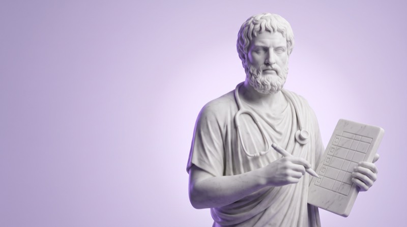 Marmorstatue eines Arztes mit Stethoskop, der auf eine Checkliste zeigt, Sinnbild für den Check-up 35