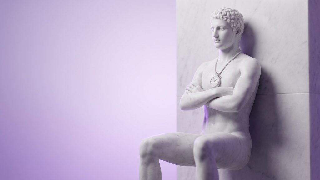 Marmorstatue eines Athleten im Wandsitz an einer Wand, Stoppuhr um den Hals