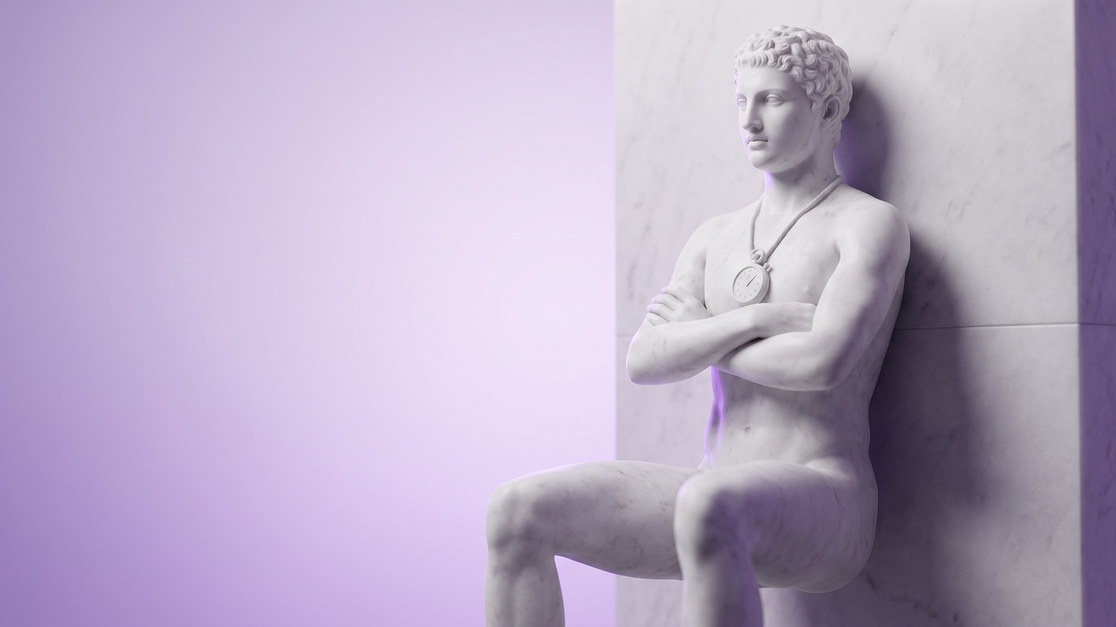 Marmorstatue eines Athleten im Wandsitz an einer Wand, Stoppuhr um den Hals