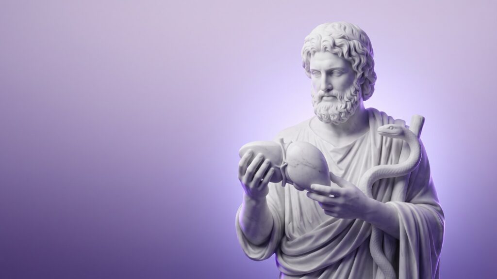 Marmorstatue des Asklepios hält ein Lebermodell in den Händen