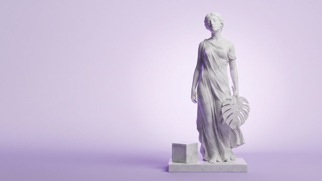 Marmorstatue einer jungen Frau mit Monstera-Blatt neben einem Luftsensor