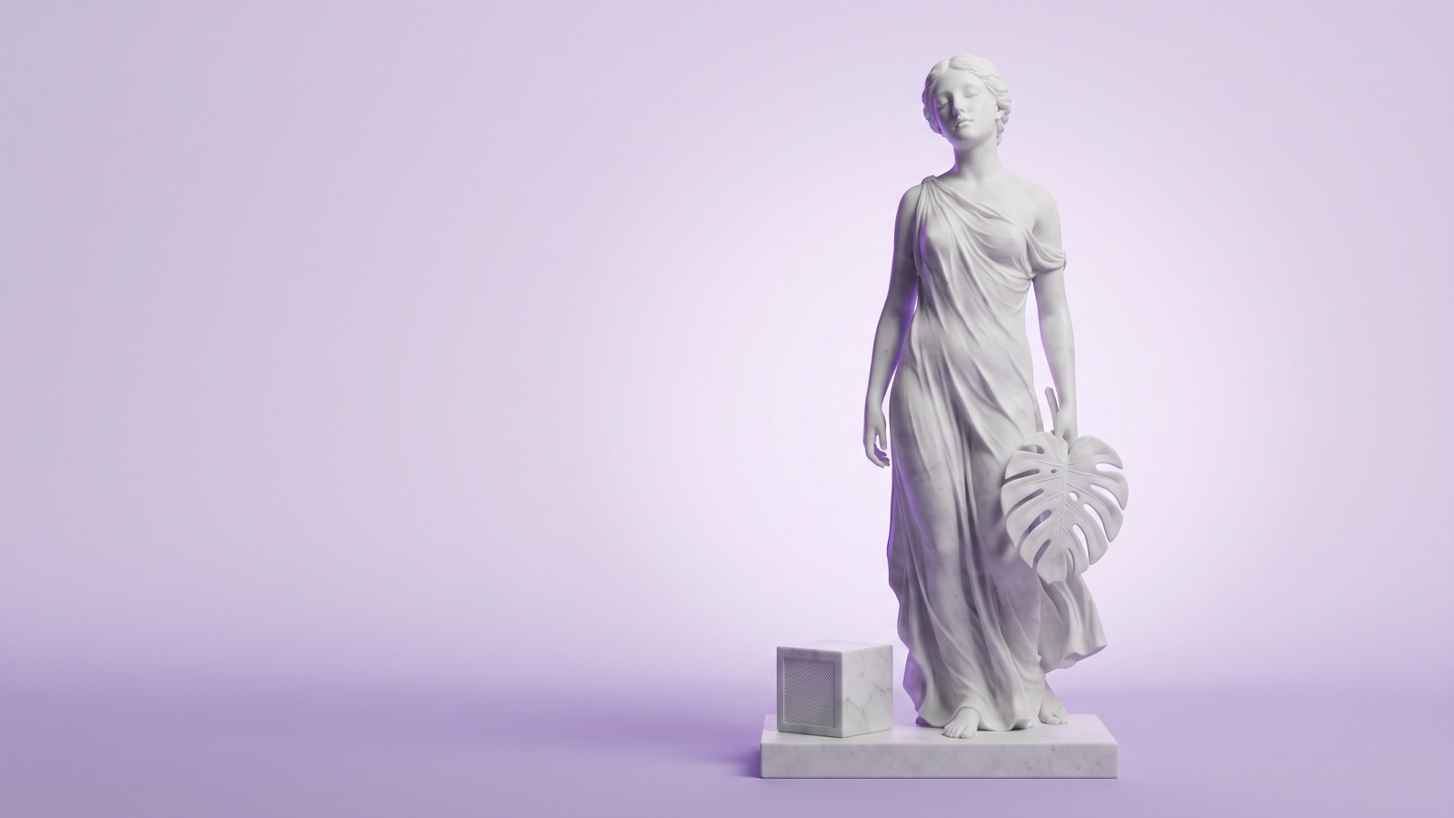 Marmorstatue einer jungen Frau mit Monstera-Blatt neben einem Luftsensor