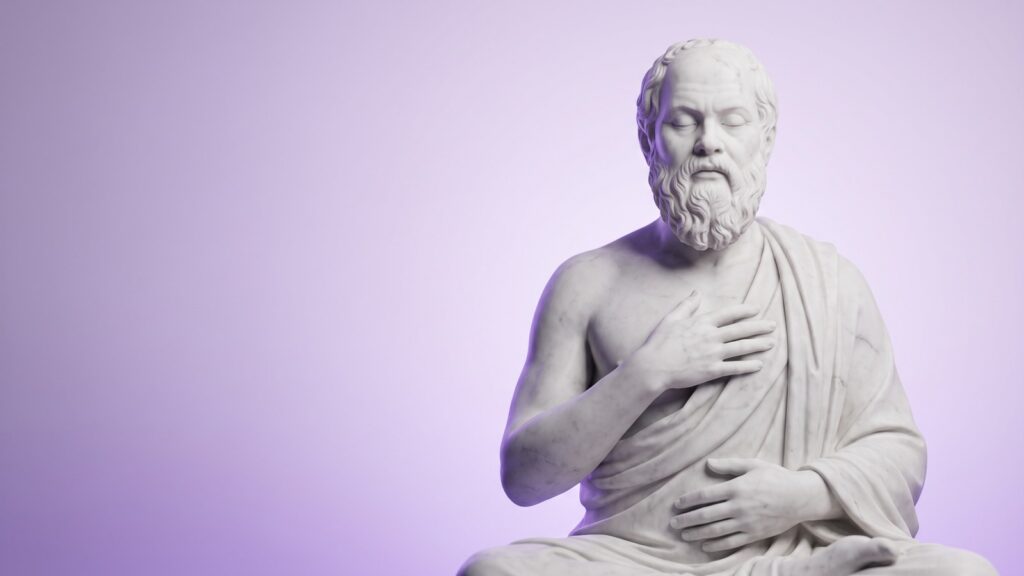Sitzende Marmorstatue eines Philosophen mit der Hand auf der Brust beim tiefen Atmen
