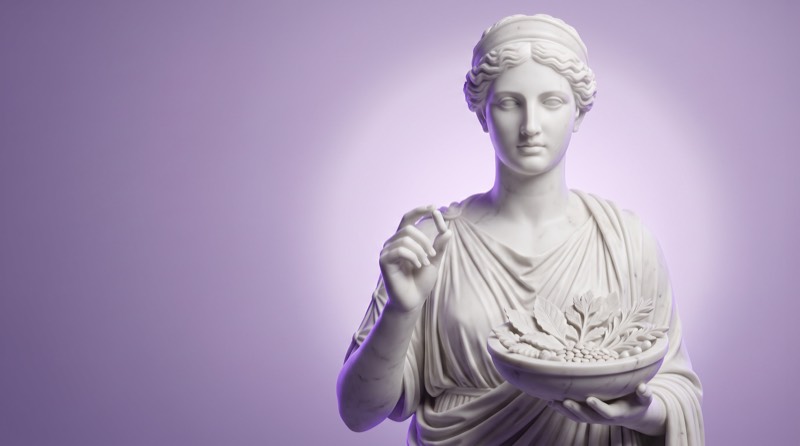 Marmorstatue einer Frau mit einer Schale Blattgemüse und einer Vitaminkapsel zwischen den Fingern, Sinnbild für Homocystein und B-Vitamine