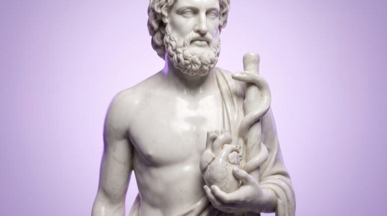 Marmorstatue eines Arztes mit Äskulapstab, der ein Herz in der Hand hält, Sinnbild für Lipoprotein(a) und Herzrisiko