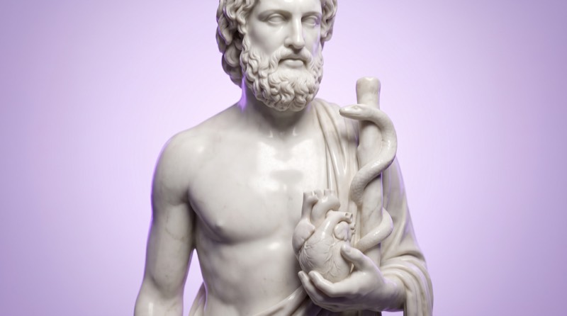 Marmorstatue eines Arztes mit Äskulapstab, der ein Herz in der Hand hält, Sinnbild für Lipoprotein(a) und Herzrisiko