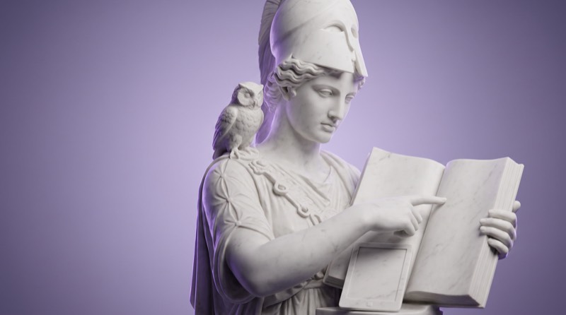 Marmorstatue der Athena mit Eule auf der Schulter, die in einem aufgeschlagenen Buch liest, Sinnbild für das Longevity-Glossar