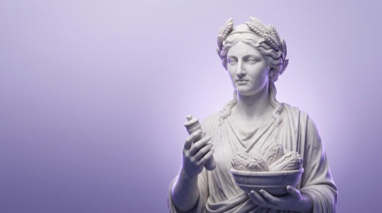 Marmorstatue einer Frau mit Lorbeerkranz, einem Probenröhrchen und einer Schale fermentiertem Gemüse, Sinnbild für den Mikrobiom-Test