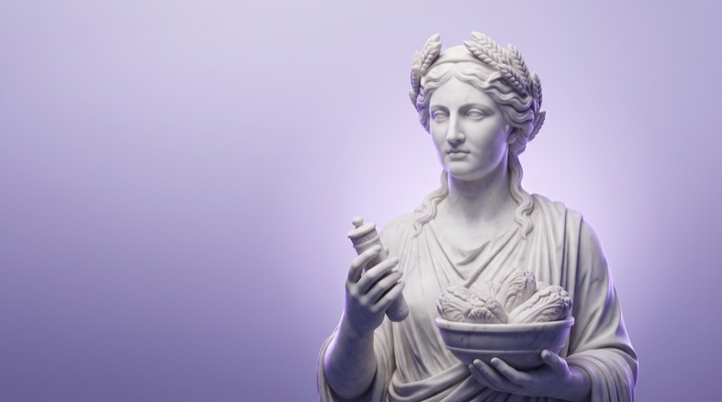 Marmorstatue einer Frau mit Lorbeerkranz, einem Probenröhrchen und einer Schale fermentiertem Gemüse, Sinnbild für den Mikrobiom-Test