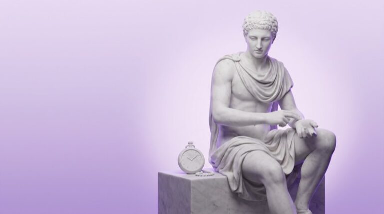 Marmorstatue eines sitzenden Mannes, der mit zwei Fingern den Puls am Handgelenk misst, daneben eine Taschenuhr
