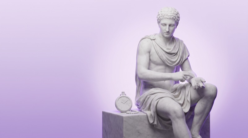 Marmorstatue eines sitzenden Mannes, der mit zwei Fingern den Puls am Handgelenk misst, daneben eine Taschenuhr