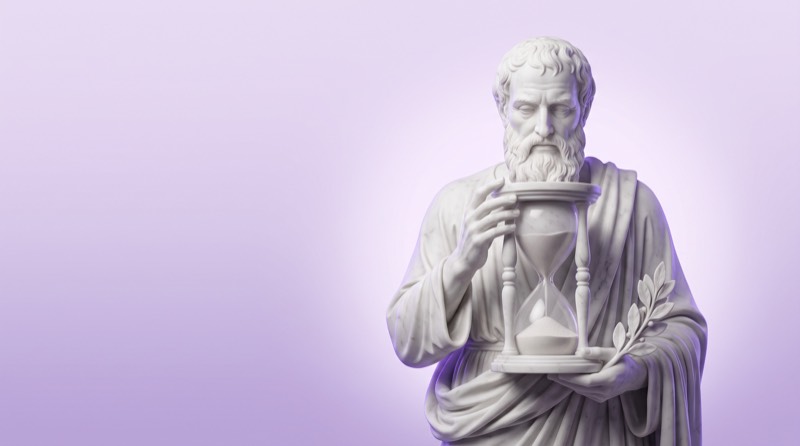 Marmorstatue eines bärtigen Mannes mit Sanduhr und Olivenzweig, Sinnbild für Longevity