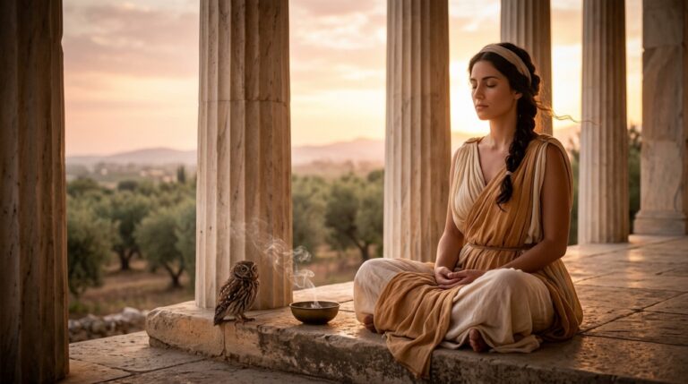 Die Göttin Athena sitzt mit geschlossenen Augen im Schneidersitz in einer Säulenhalle bei Sonnenaufgang, neben ihr eine Eule und eine Räucherschale, Sinnbild für Meditation